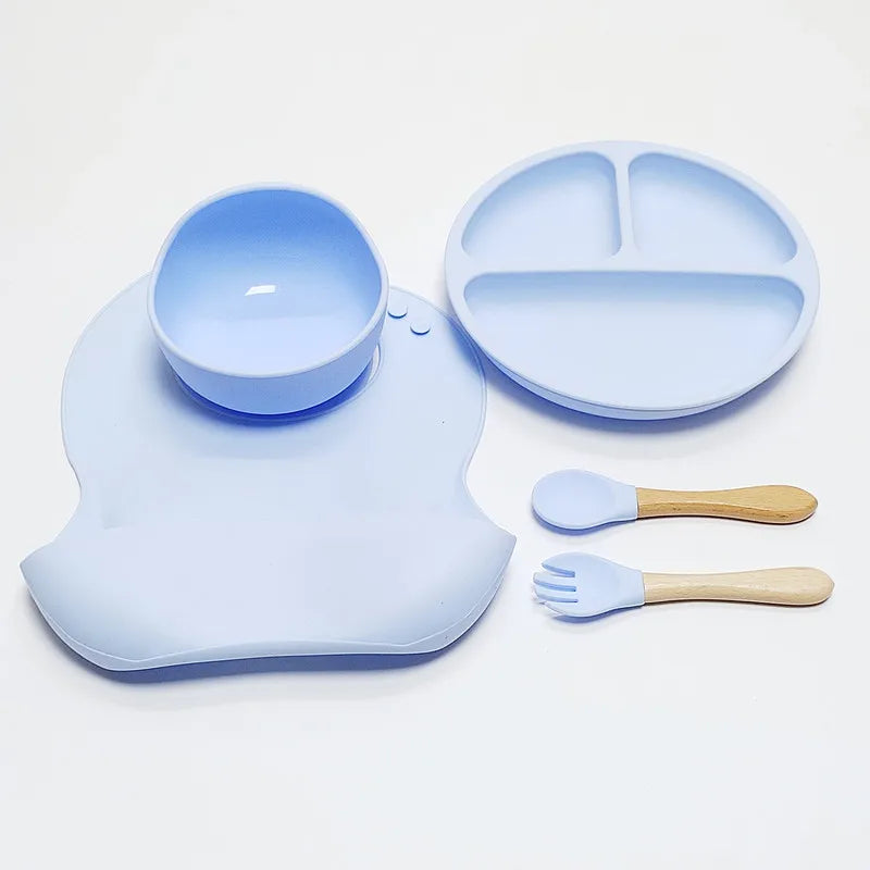 5pcs Children's Silicone Dinner Plate Set Strong Suction Anti-Fall Children's Eating Training Bowl Fork Spoon Feeding Tableware